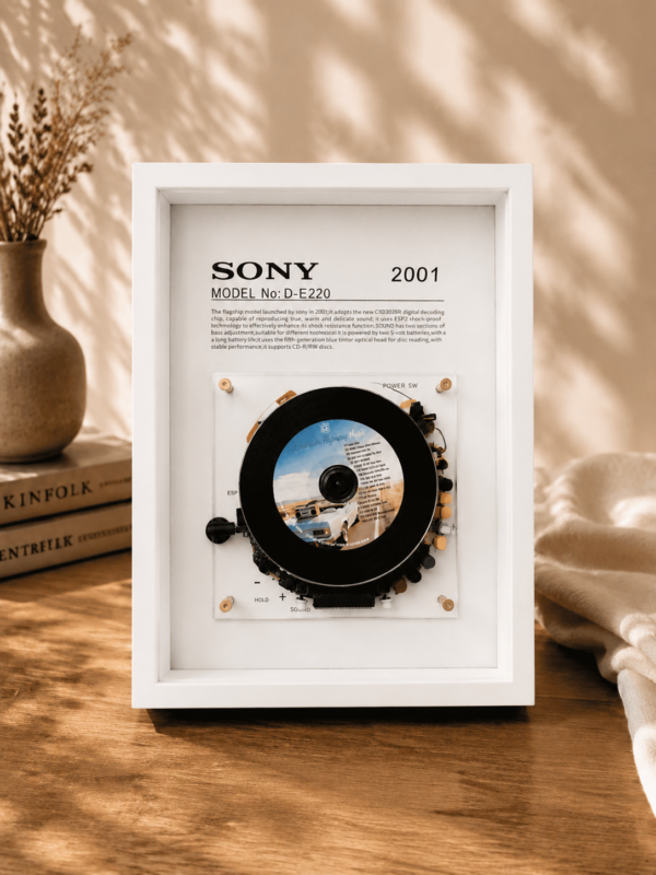 Product image of the white Sony NOD-E220 CD portable music player Custom vintage CD player frame art by BAOBO Studio